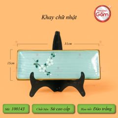 Khay Chữ Nhật Men Ngọc Hoa Đào Trắng