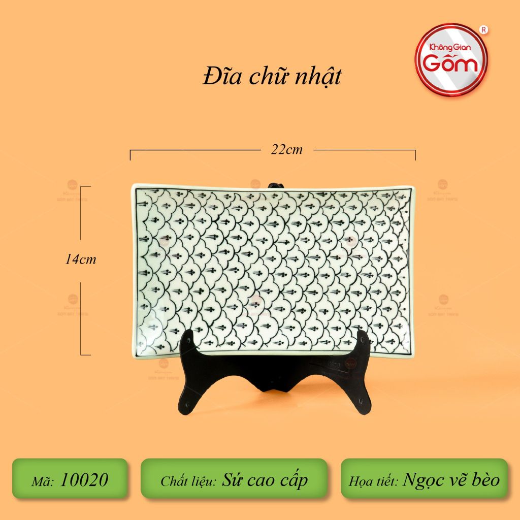Đĩa Chữ Nhật Men Xanh Ngọc Vẽ Bèo