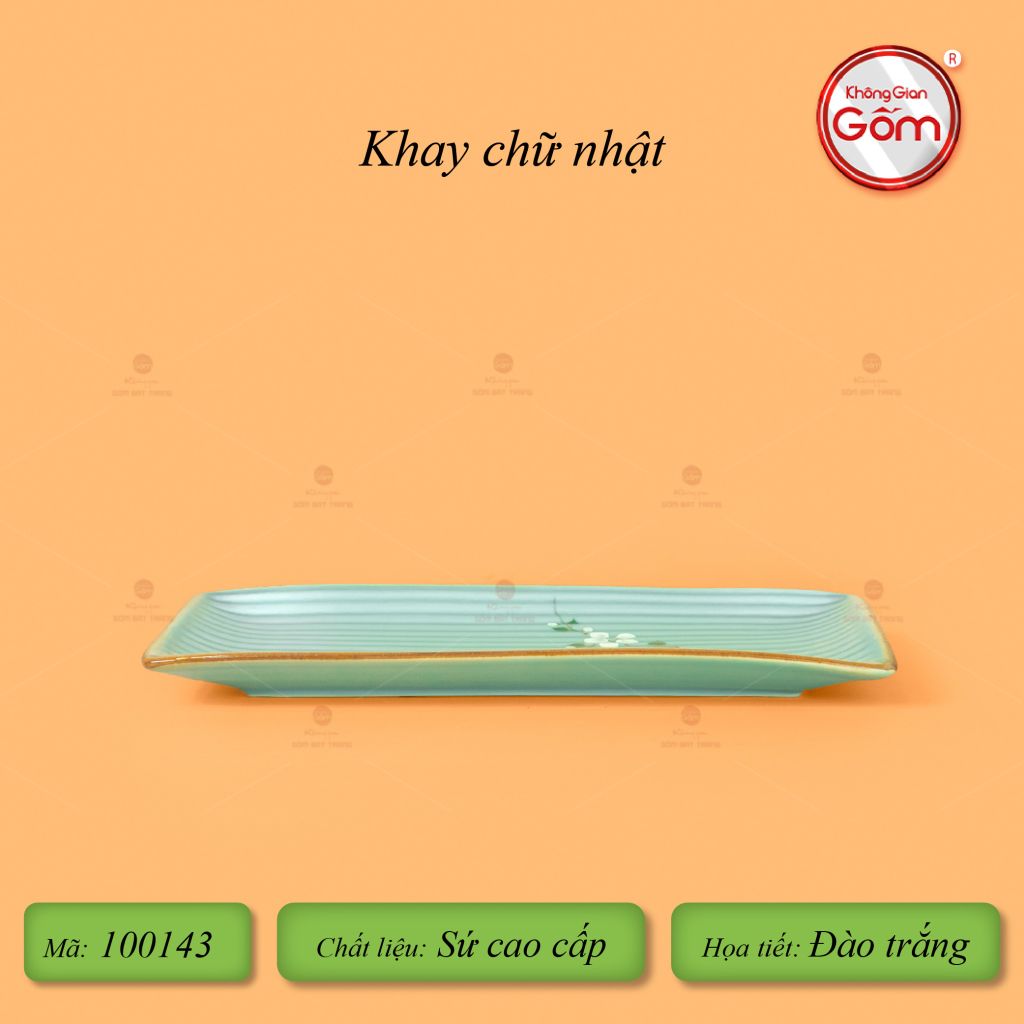 Khay Chữ Nhật Men Ngọc Hoa Đào Trắng