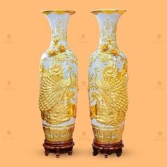 Lộc Bình Công Đào Mẫu Đơn Men Rạn Đắp Nổi Dát Vàng