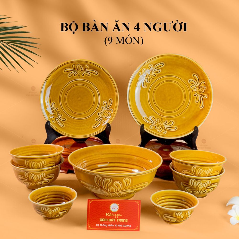 Bộ Bát Đĩa Men Nâu Vân Hoa Cúc