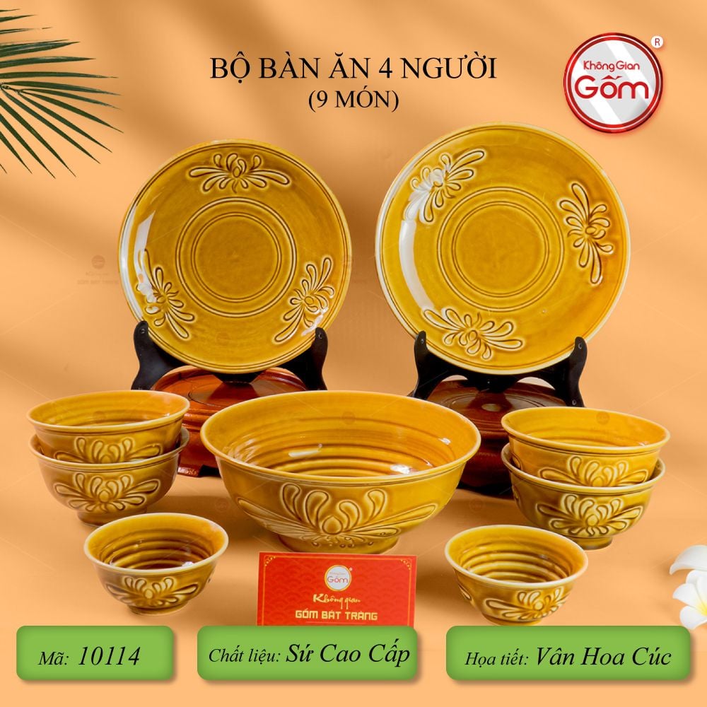 Bộ Bát Đĩa Men Nâu Vân Hoa Cúc