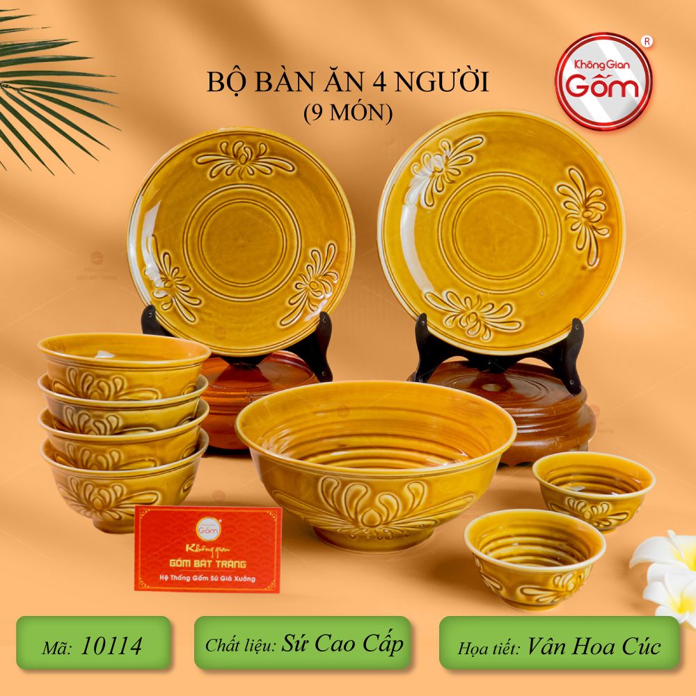 Bộ Bàn Ăn 4 Người (9 Món) Men Nâu Vân Hoa Cúc