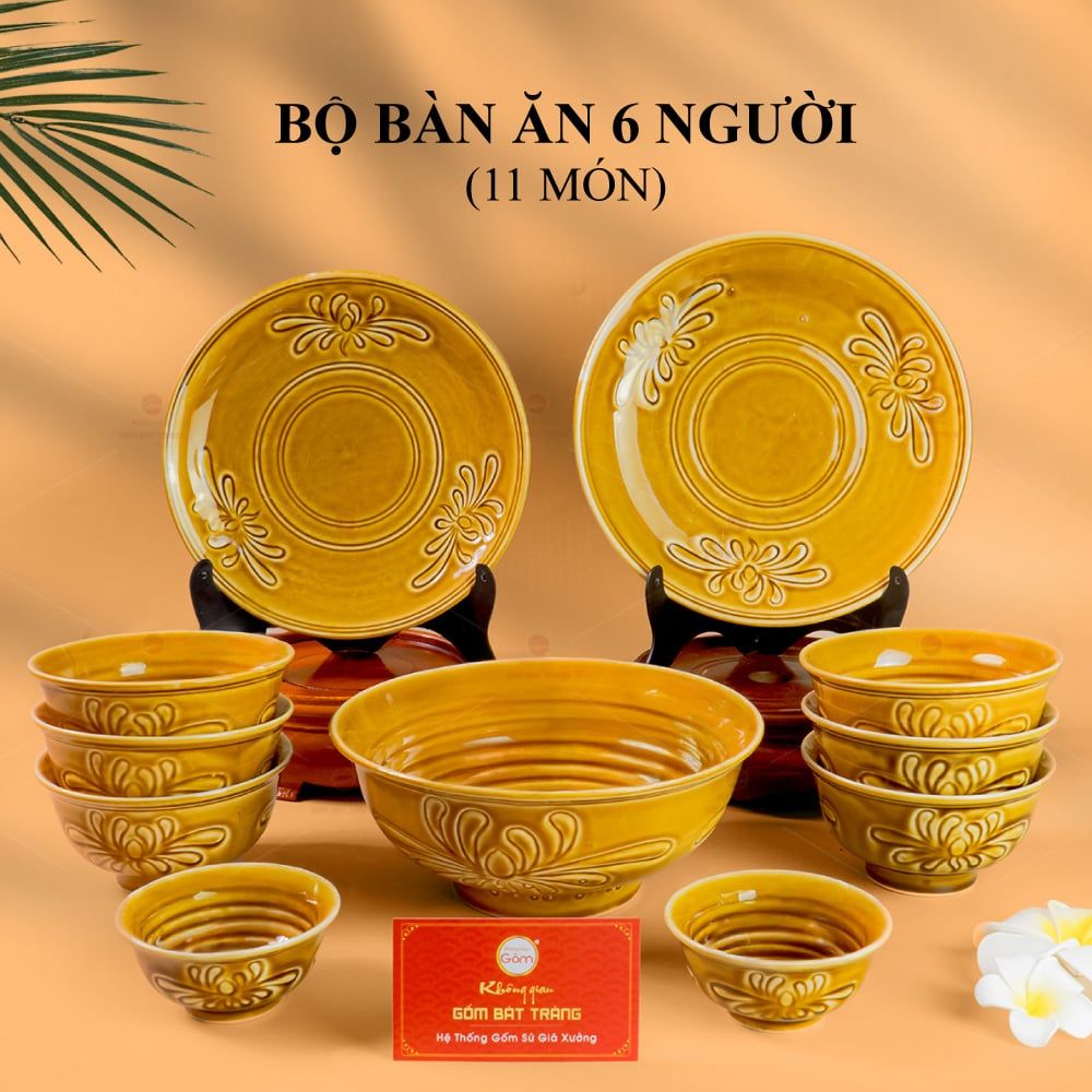 Bộ Bàn Ăn 6 Người (11 Món) Men Nâu Vân Hoa Cúc