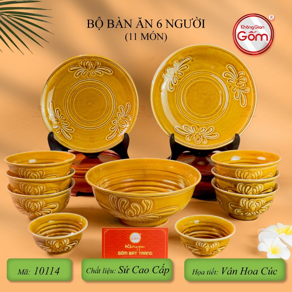 Bộ Bàn Ăn 6 Người (11 Món) Men Nâu Vân Hoa Cúc