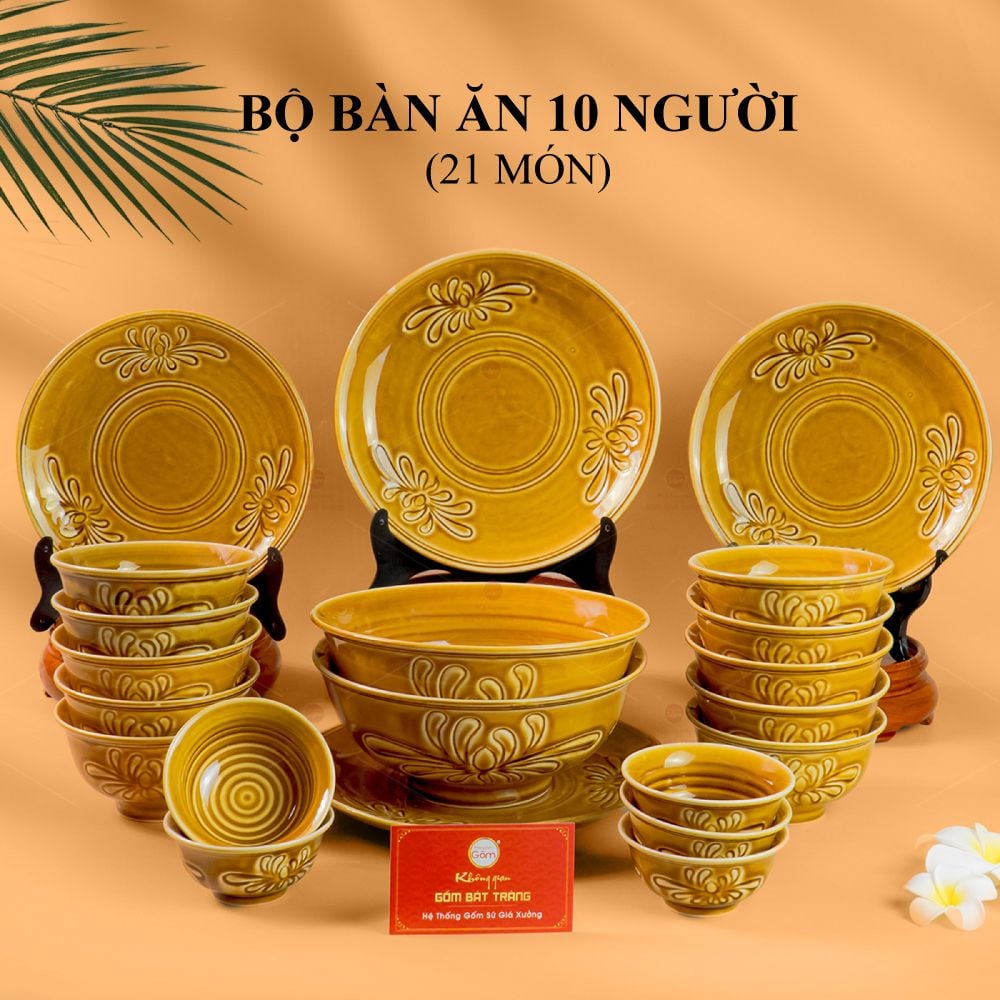 Bộ Bàn Ăn 10 Người (21 Món) Men Nâu Vân Hoa Cúc