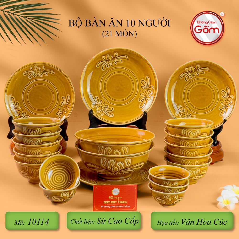 Bộ Bàn Ăn 10 Người (21 Món) Men Nâu Vân Hoa Cúc