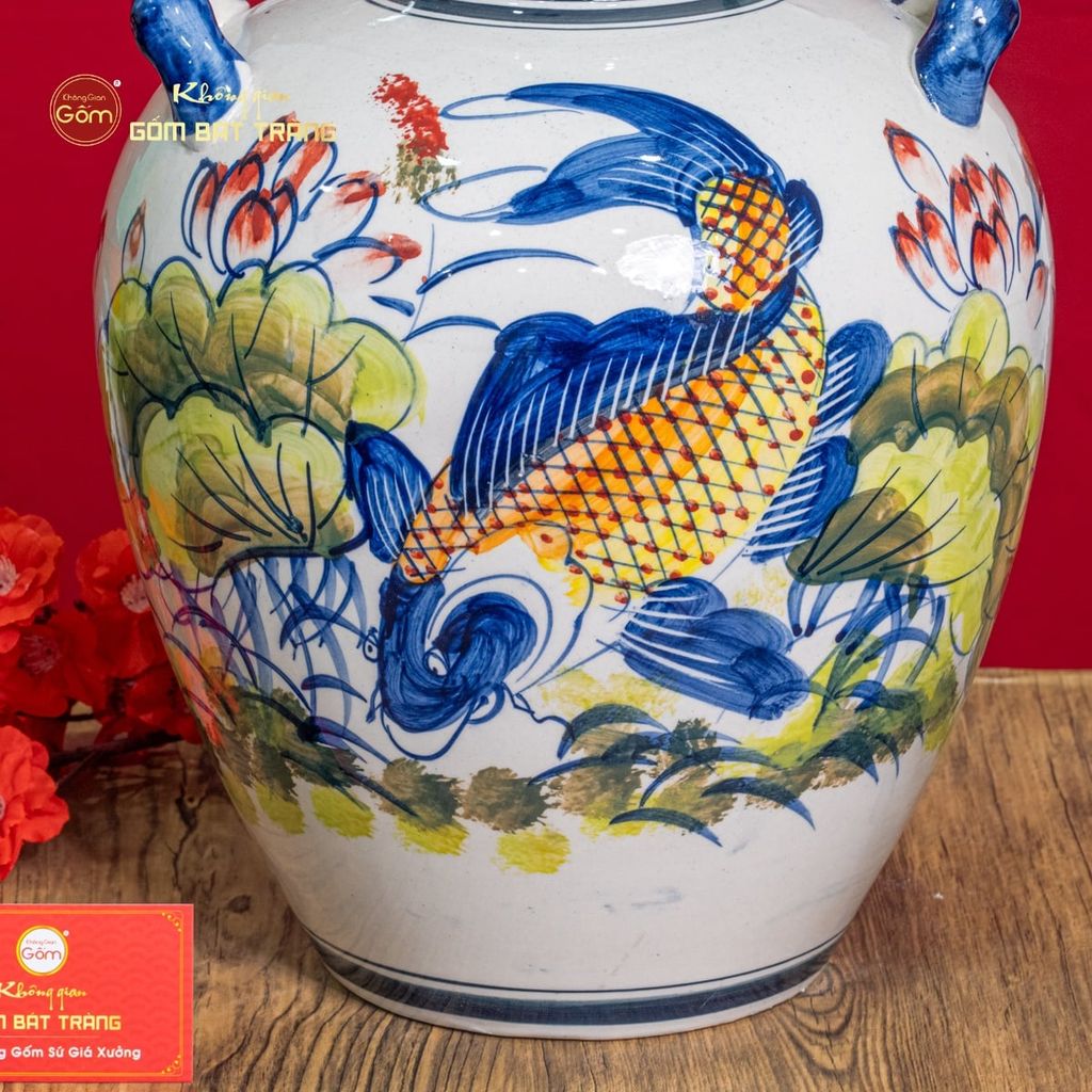 Vò Ngâm Rượu Họa Tiết Sen Cá Vẽ Màu