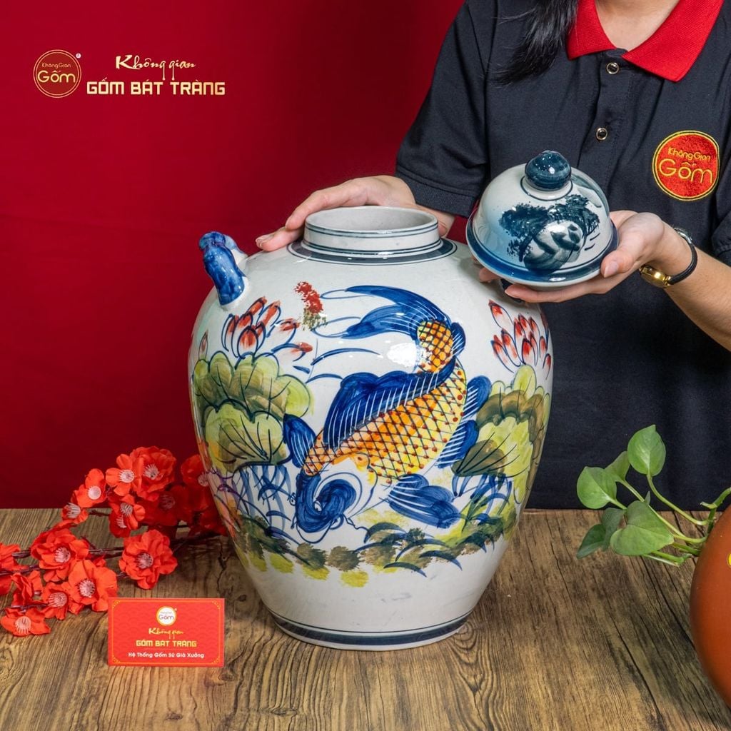 Vò Ngâm Rượu Họa Tiết Sen Cá Vẽ Màu