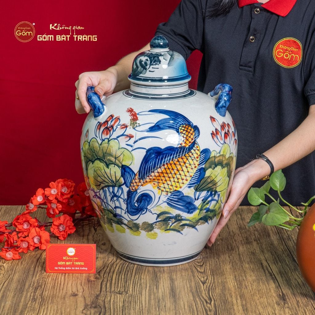 Vò Ngâm Rượu Họa Tiết Sen Cá Vẽ Màu