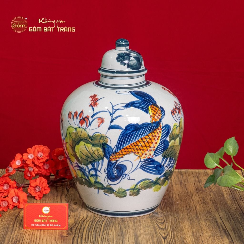 Vò Ngâm Rượu Họa Tiết Sen Cá Vẽ Màu