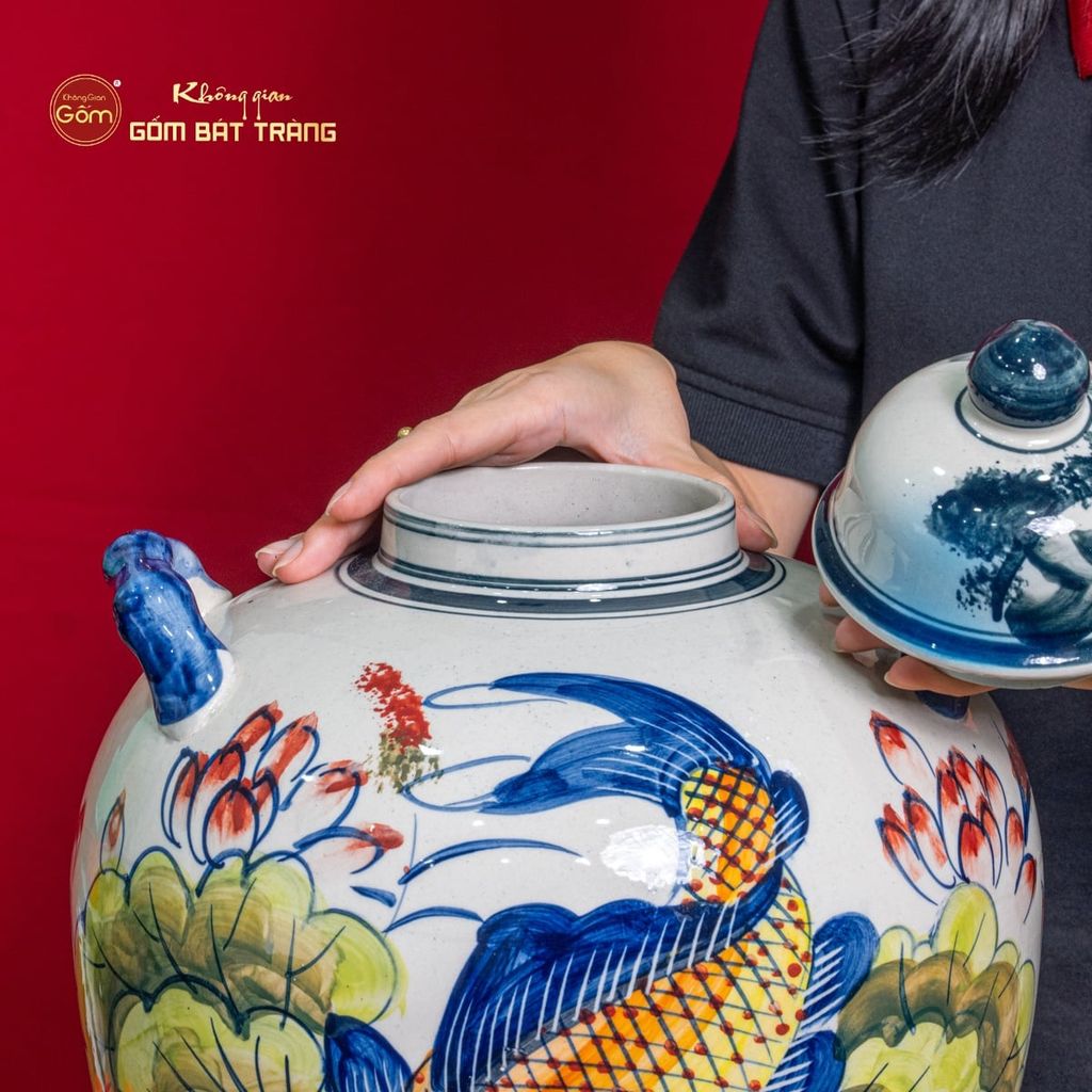 Vò Ngâm Rượu Họa Tiết Sen Cá Vẽ Màu