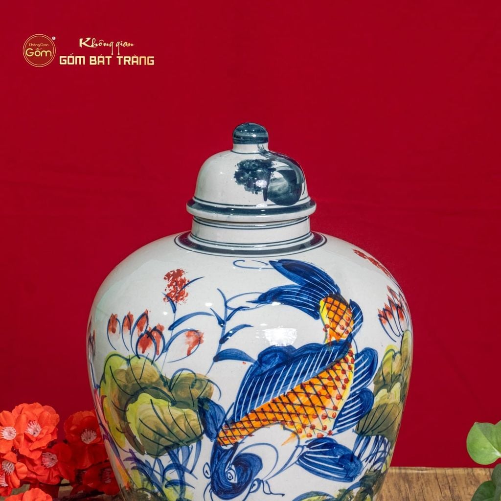Vò Ngâm Rượu Họa Tiết Sen Cá Vẽ Màu
