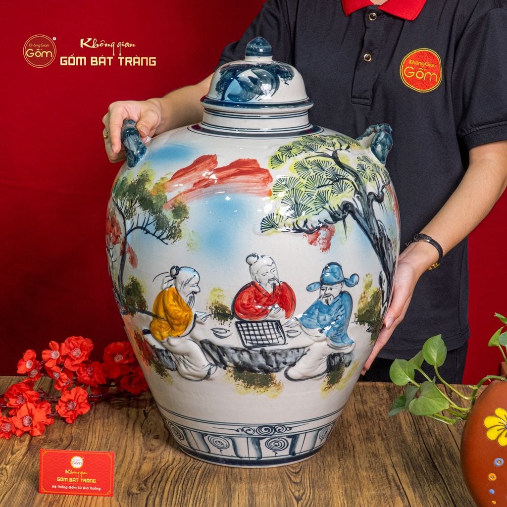 Vò Ngâm Rượu Họa Tiết Tiên Ông Đánh Cờ Vẽ Màu