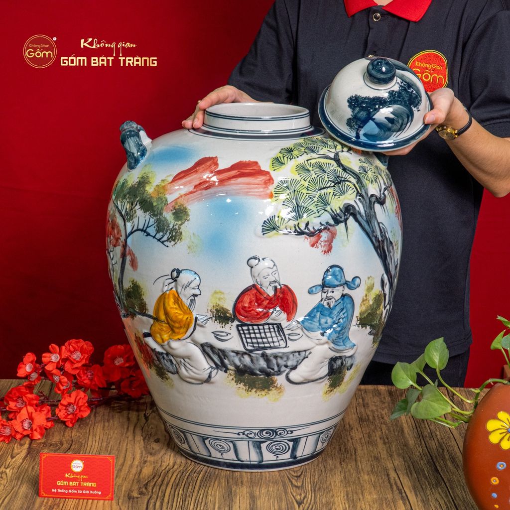 Vò Ngâm Rượu Họa Tiết Tiên Ông Đánh Cờ Vẽ Màu