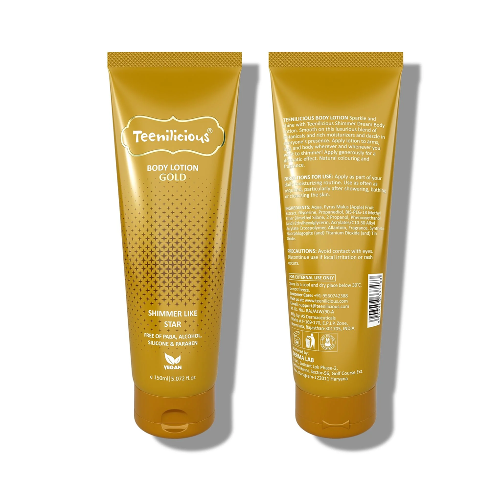 Sữa Dưỡng Thể Lấp Lánh Teenilicious Body Lotion Gold - Tạo Lớp Nhũ Lấp Lánh Ánh Nhũ, Dưỡng Ẩm, Giúp Da Trắng, Sáng Và Mềm Mịn 150ml