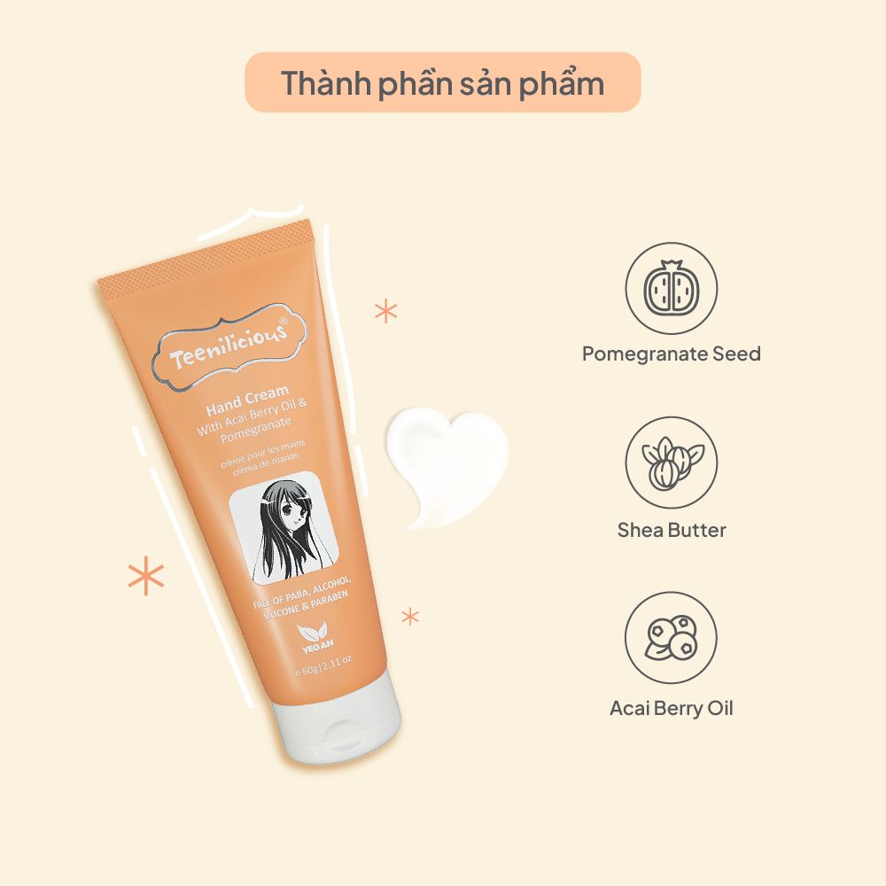 Kem Dưỡng Da Tay Chiết Xuất Acai Và Lựu Teenilicious Hand Cream With Acai Berry Oil & Pomegranate 60g