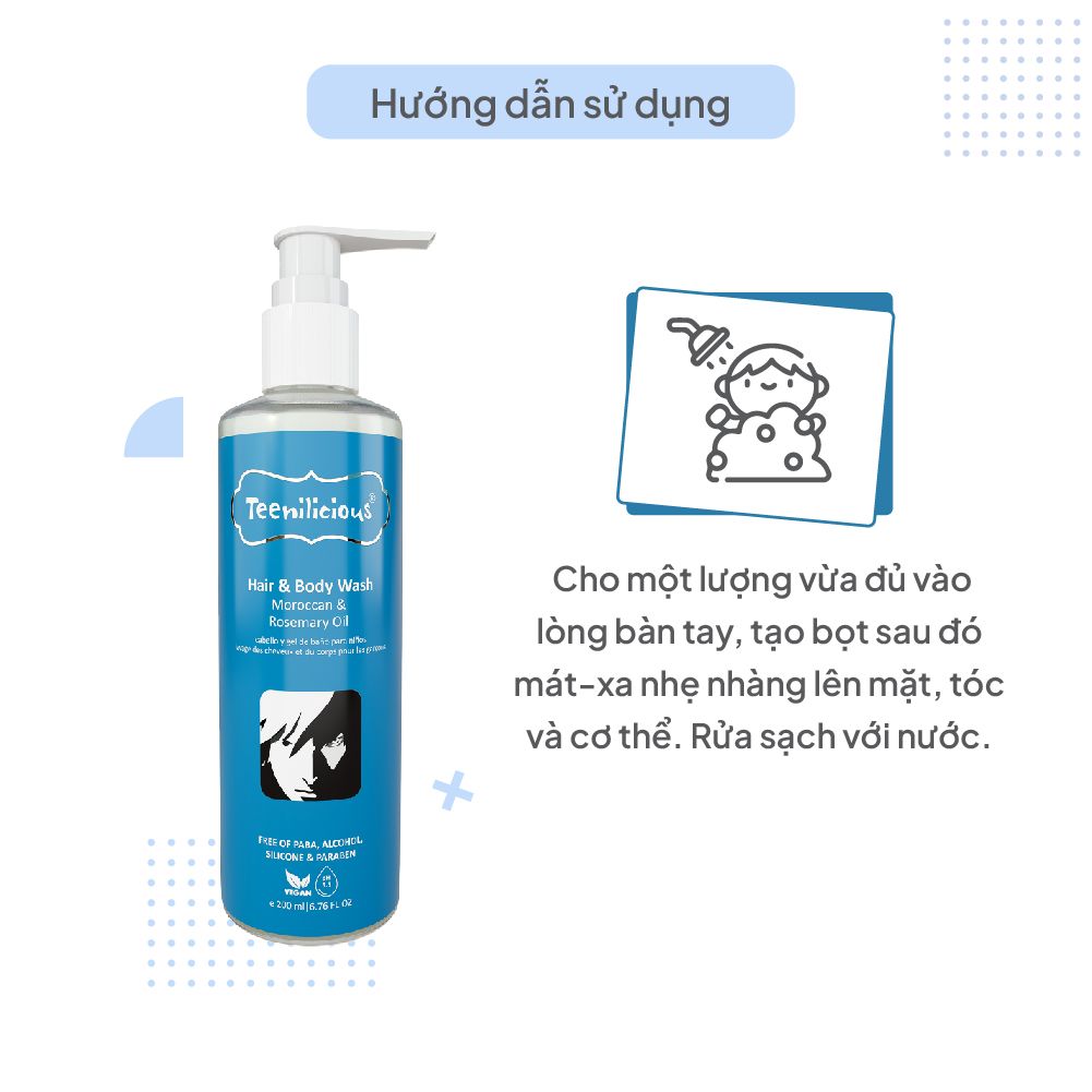 Sữa Tắm Gội Toàn Thân Chiết Xuất Hạt Argan Và Hương Thảo Teenilicious Hair & Body Wash Moroccan & Rosemary Oil 200ml