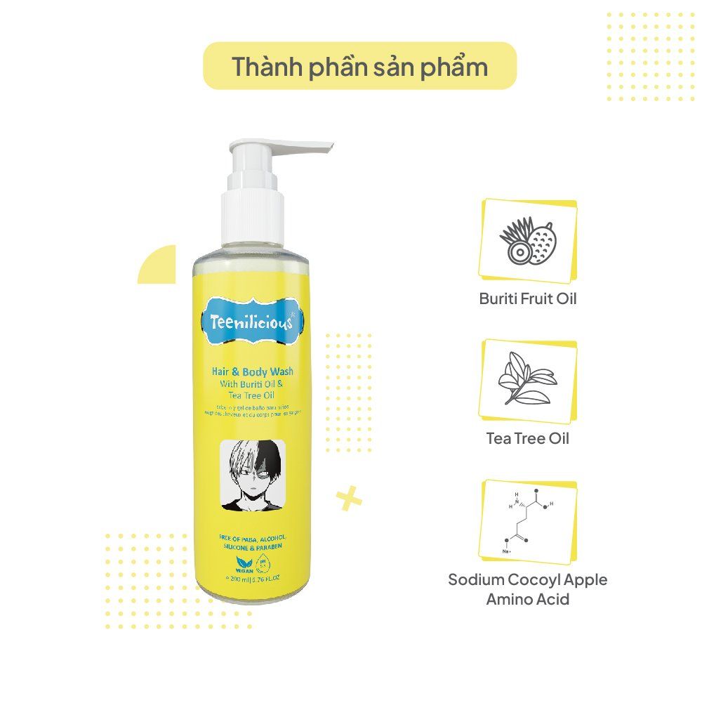 Sữa Tắm Gội Toàn Thân Chiết Xuất Buriti Và Tràm Trà Teenilicious Hair & Body Wash With Buriti Oil & Tea Tree Oil 200ml