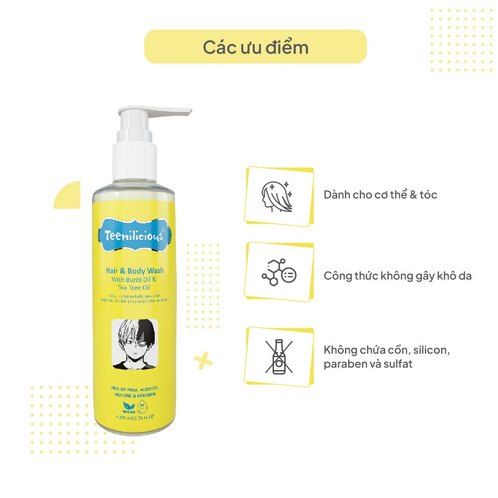 Sữa Tắm Gội Toàn Thân Chiết Xuất Buriti Và Tràm Trà Teenilicious Hair & Body Wash With Buriti Oil & Tea Tree Oil 200ml