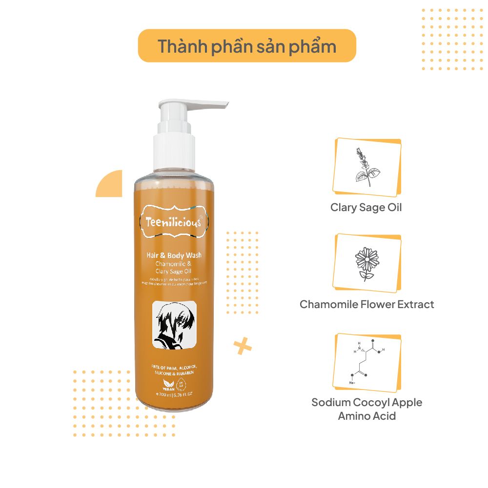 Sữa Tắm Gội Toàn Thân Chiết Xuất Hoa Cúc Và Xô Thơm Teenilicious Hair & Body Wash Chamomile & Clary Sage Oil 200ml