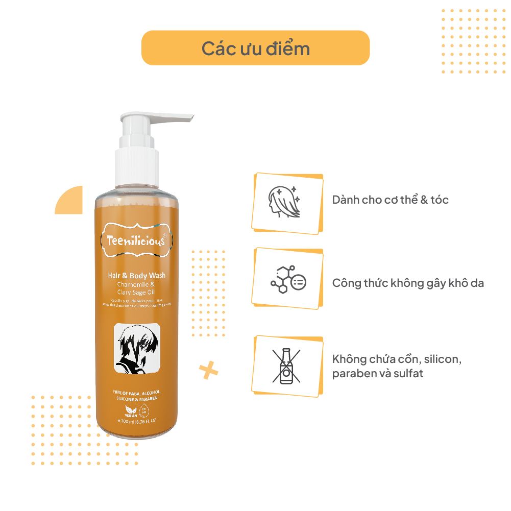 Sữa Tắm Gội Toàn Thân Chiết Xuất Hoa Cúc Và Xô Thơm Teenilicious Hair & Body Wash Chamomile & Clary Sage Oil 200ml