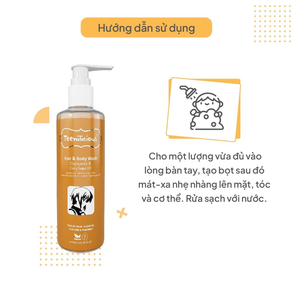 Sữa Tắm Gội Toàn Thân Chiết Xuất Hoa Cúc Và Xô Thơm Teenilicious Hair & Body Wash Chamomile & Clary Sage Oil 200ml