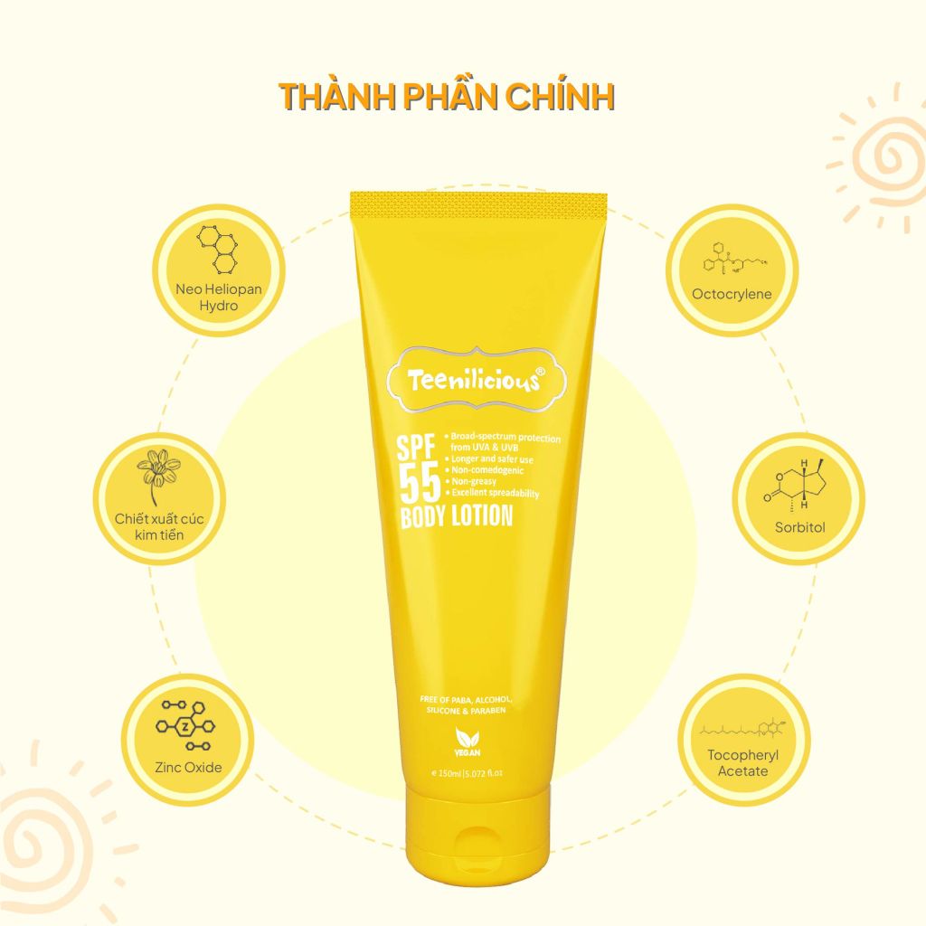 Sữa Dưỡng Thể Chống Nắng Teenilicious SPF 55 Body Lotion, PA+++, Dành Cho Da Dầu Và Nhạy Cảm 150ml