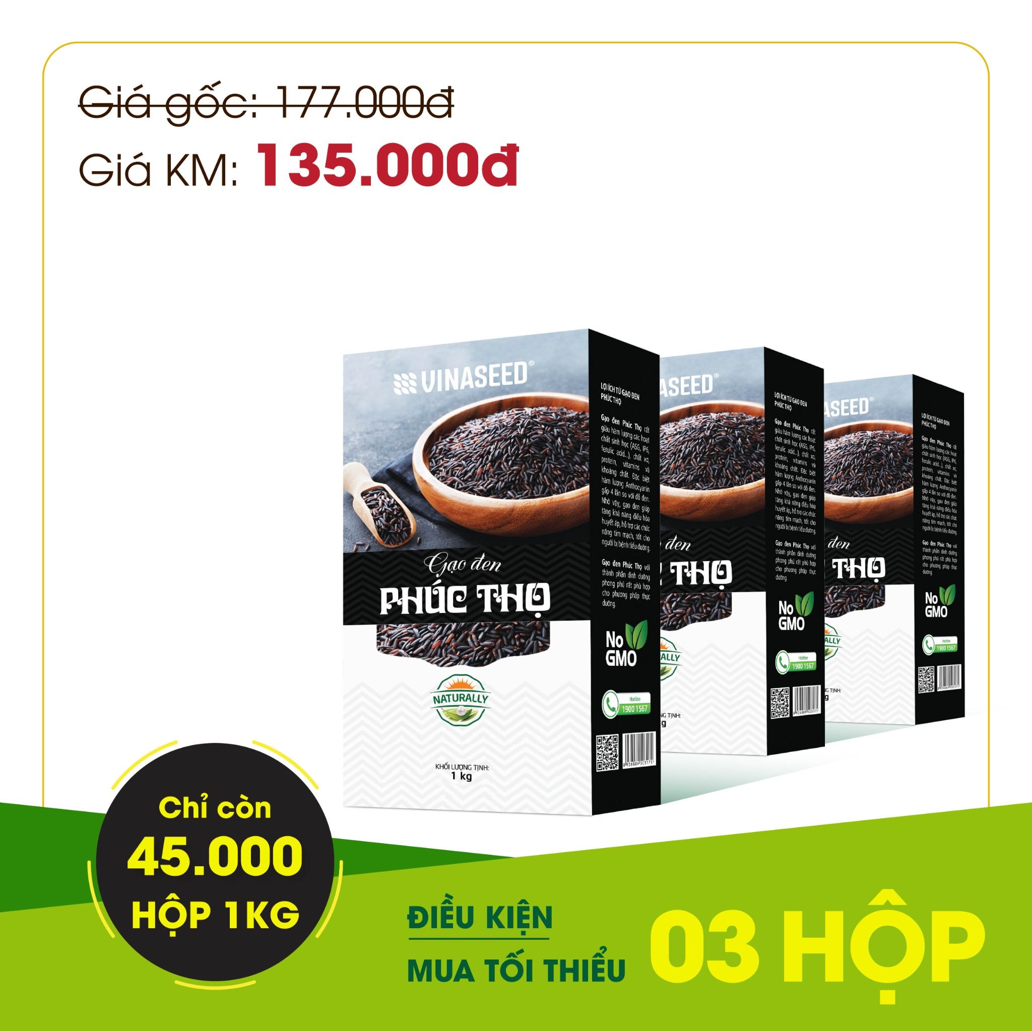  Combo 3 hộp Gạo Lứt Đen Phúc Thọ 3kg 