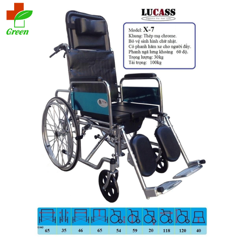  Xe lăn Lucass X7 có ghế tựa ngã và bô vệ sinh 