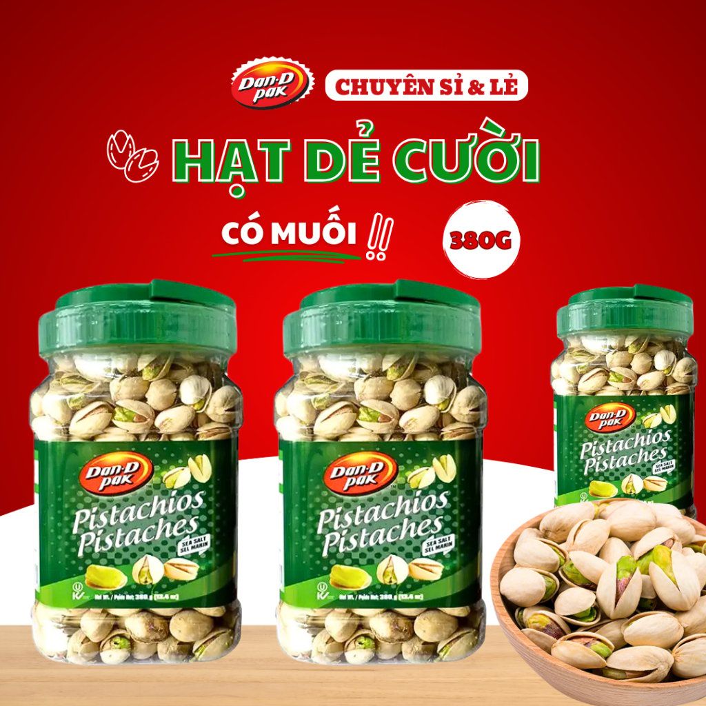Thùng hạt dẻ cười sấy muối các loại 160g x 10 hũ, 185g x 12 hũ, 380g x 12 hũ, 800g x 8 hũ Dan D Pak