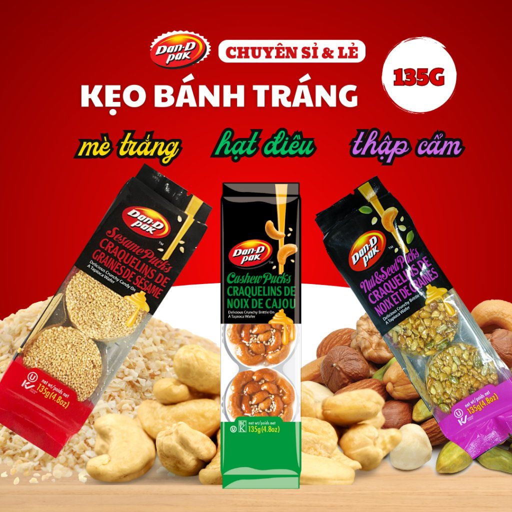 Kẹo bánh tráng mè trắng, điều, thập cẩm hạt bánh tráng ăn vặt 135g Dan D Pak