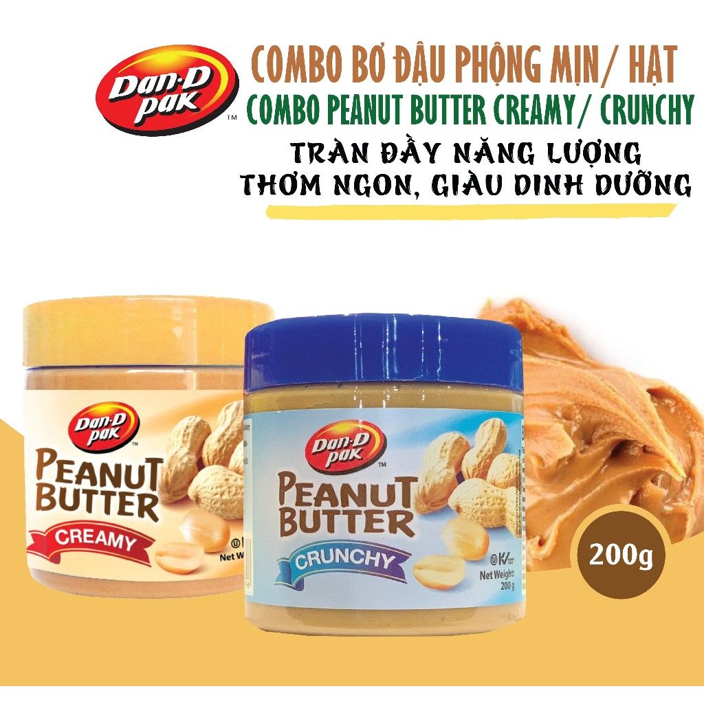 Bơ đậu phộng hạt và mịn tự nhiên không chất bảo quản, dinh dưỡng năng lượng 200g Dan D Pak