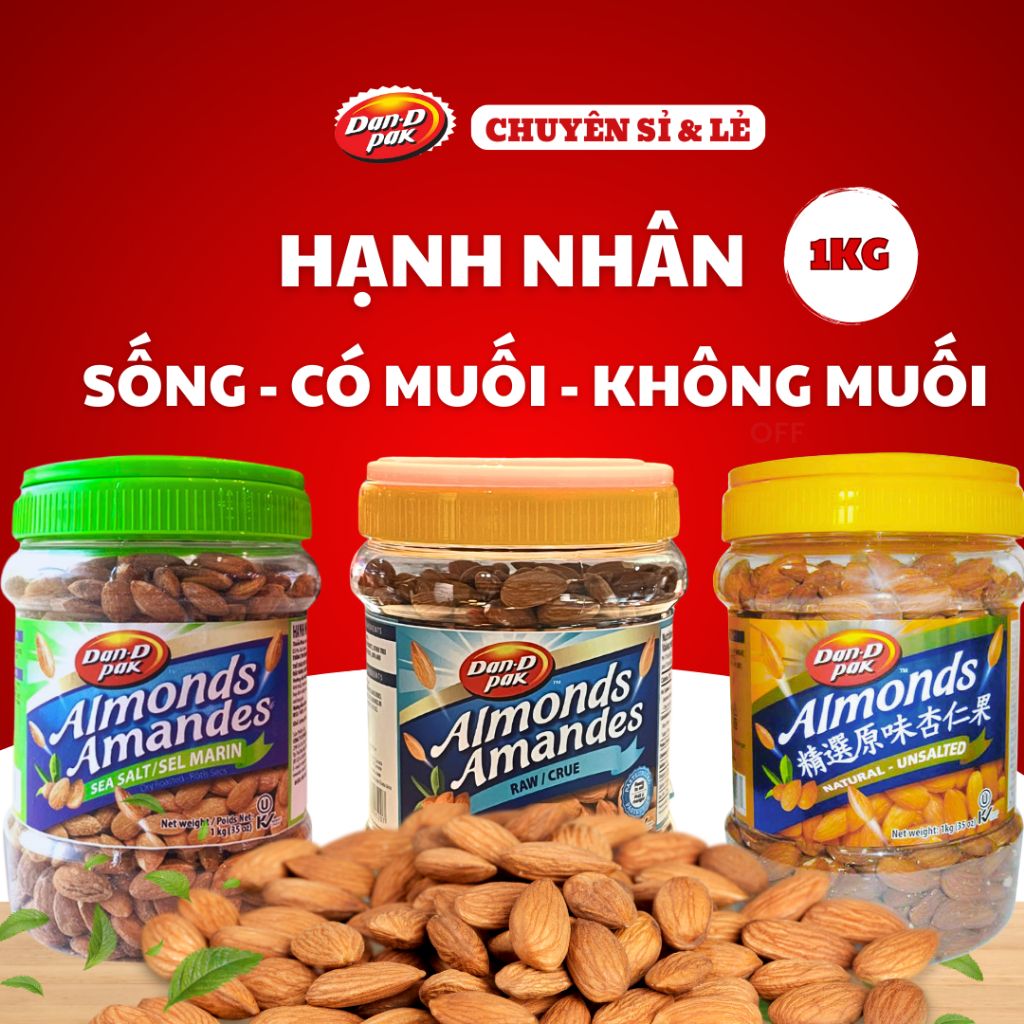 Thùng hạnh nhân muối, không muối, sống 1kg x 8 hũ Dan D Pak