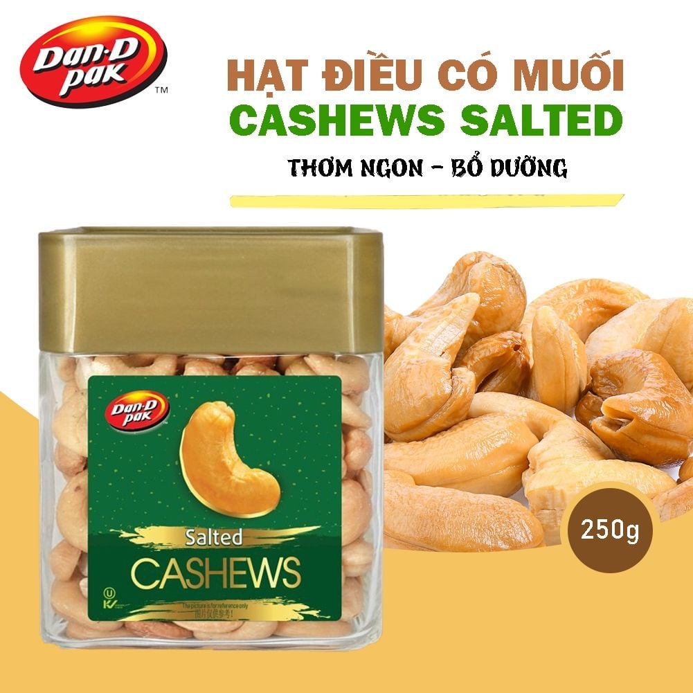 Thùng hạt điều có muối, không muối, vỏ lụa các vị 250g x 12 hũ Dan D Pak