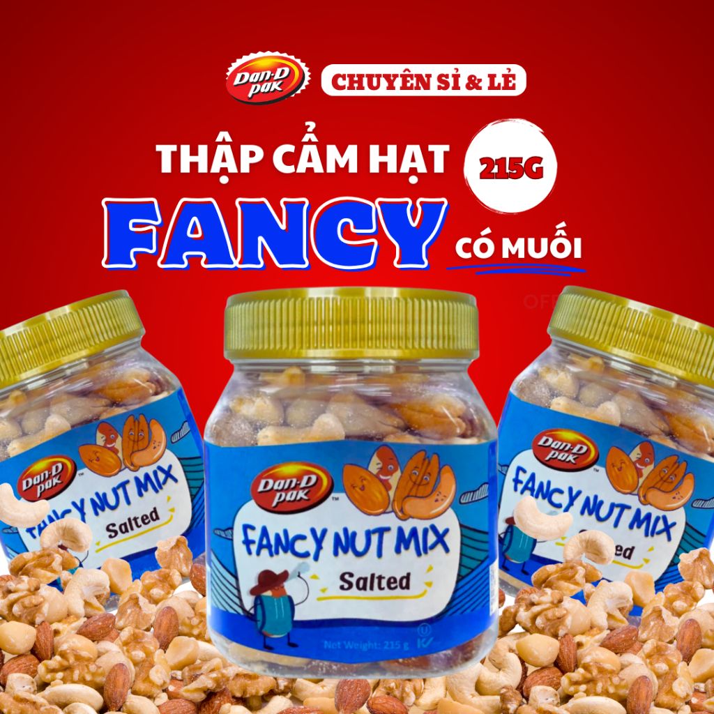 Hạt thập cẩm Fancy có muối Hạt điều, Hạnh nhân, Hạt ba tây, Hồ đào, Dầu cọ, Dầu canola 215g Dan D Pak