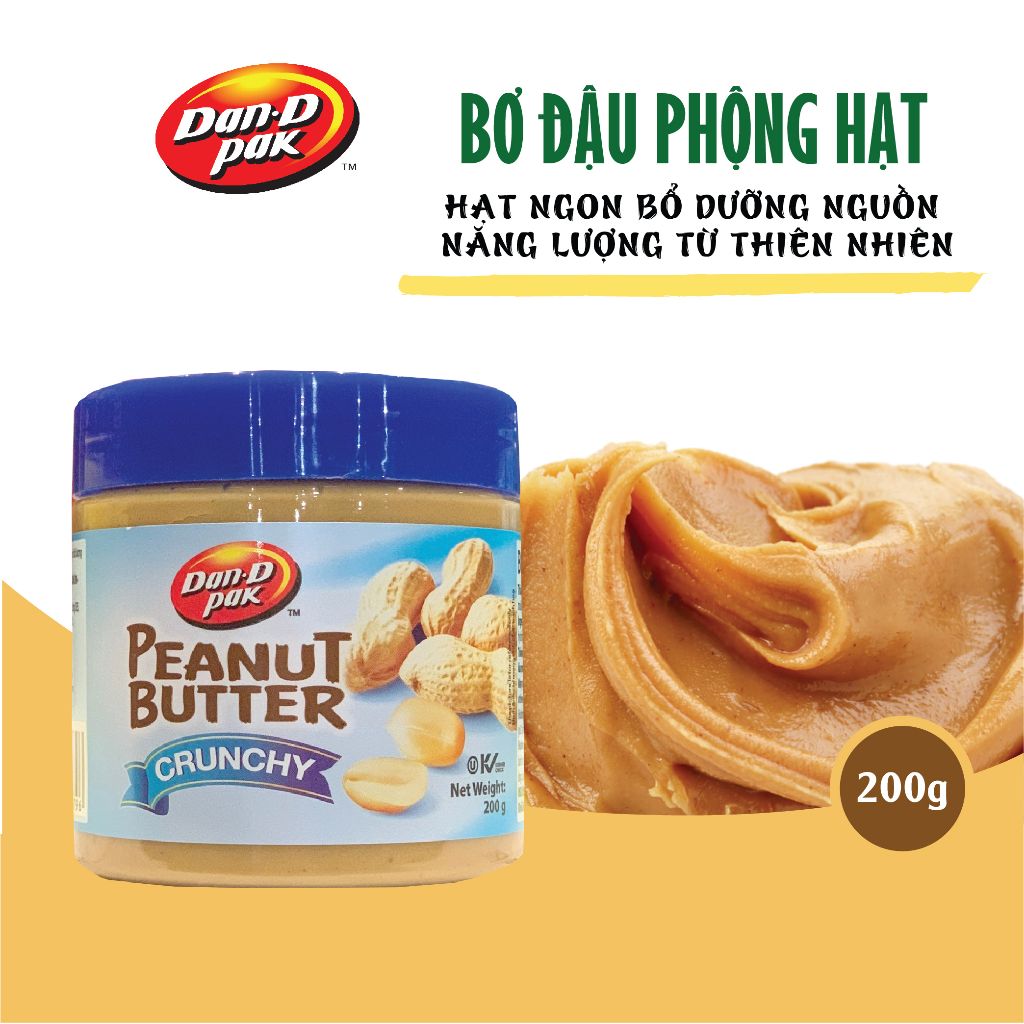 Bơ đậu phộng hạt và mịn tự nhiên không chất bảo quản, dinh dưỡng năng lượng 200g Dan D Pak