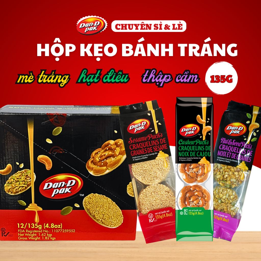 Hộp kẹo bánh tráng mè trắng, điều, thập cẩm hạt bánh tráng ăn vặt 135g x 12 thanh Dan D Pak