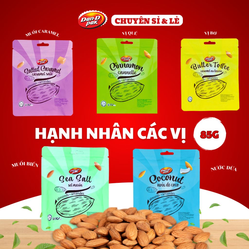 Hạnh Nhân siêu ngon đủ vị bơ, caramel, nước cốt dừa, quế, muối biển giòn rụm, phù hợp với mọi lứa tuổi 85g Dan D Pak