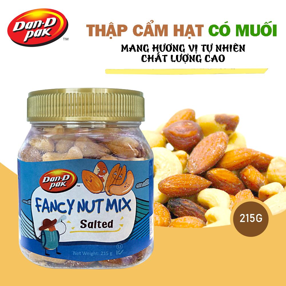 Hạt thập cẩm Fancy có muối Hạt điều, Hạnh nhân, Hạt ba tây, Hồ đào, Dầu cọ, Dầu canola 215g Dan D Pak