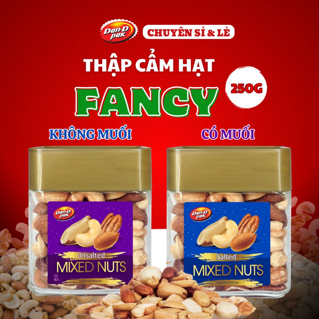 Thùng hạt thập cẩm Fancy muối - không muối 250g, 454g Hạt điều, Hạnh nhân, Hạt ba tây, Hồ đào, Dầu cọ Dan D Pak