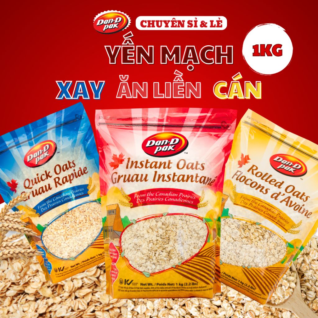 Thùng yến mạch các loại cán, xay, ăn liền cho người ăn kiêng 1kg x 12 gói Dan D Pak