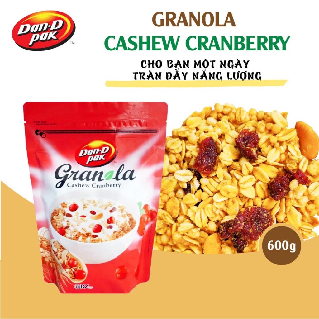 Hạt ngũ cốc Granola điều và nam việt quất, trái cây 350g và 600g Dan D Pak