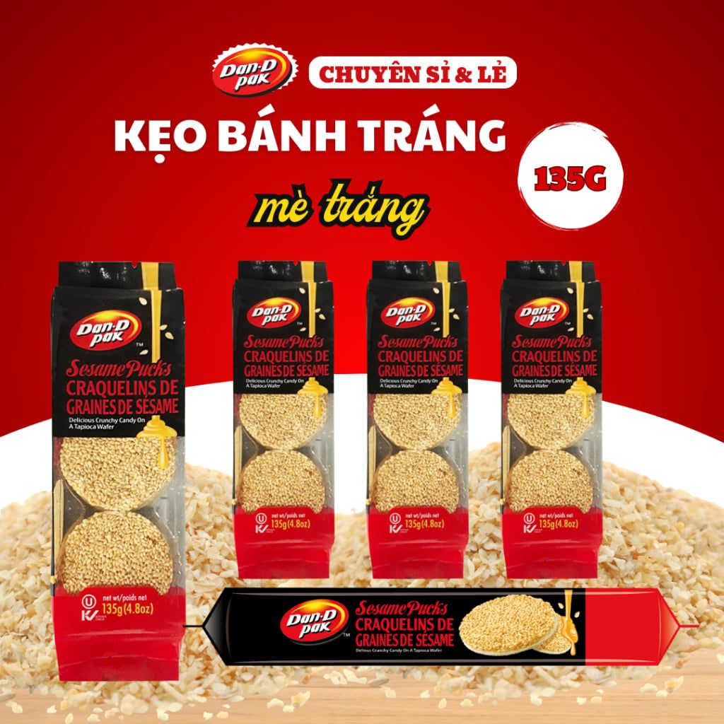 Kẹo bánh tráng mè trắng, điều, thập cẩm hạt bánh tráng ăn vặt 135g Dan D Pak