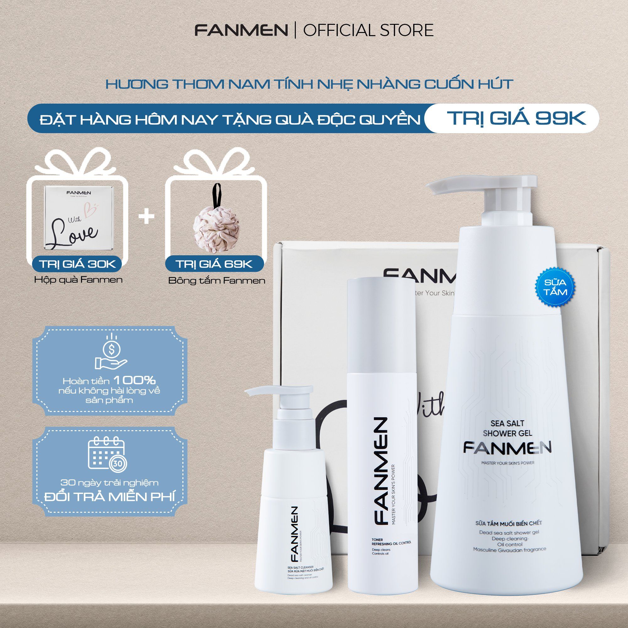  Combo Sữa rửa mặt + Sữa tắm + Toner Fanmen Tặng: Bông Tắm + Hộp 