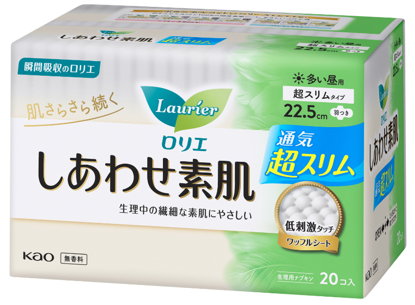  Băng vệ sinh siêu mỏng ban ngày Laurier Happy Skin (22.5cm x 20 miếng)花王 ロリエ しあわせ素肌 通気超スリム多い昼用22.5cm 羽つき 20コ 