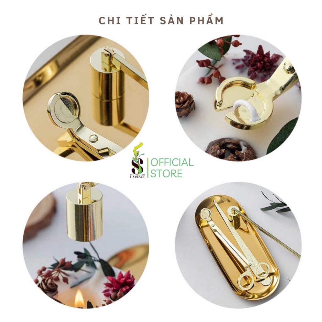  Bộ Phụ Kiện Chăm Sóc Nến Thơm Khều, Chuông, Khay, Kéo Cắt Bấc Cao Cấp 