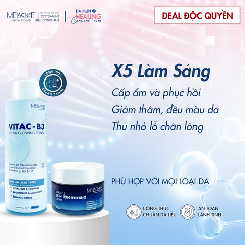Combo Toner Dưỡng Sáng (250ml) & Kem Dưỡng (50g) X5 Làm Sáng, Ngăn Ngừa Thâm- Sạm- Nám & Ngừa Lão Hóa Da