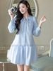 Đầm xanh tay dài phối nơ