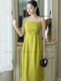  Đầm xanh bơ hai dây xếp ly ngực 